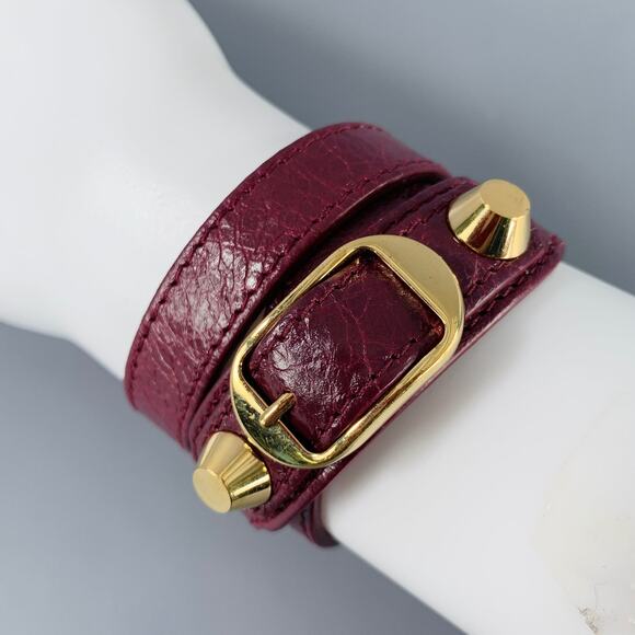 BALENCIAGA Burgundy Gold Studded Leather Bracelet - Picture 3 of 7